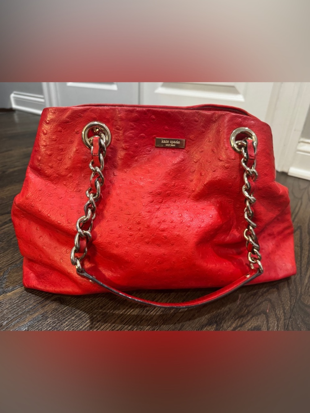 KATE SPADE Ostrich Print Statement Red Victoria Falls Maryanne Tote Handbag
